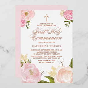 Invitation En Aluminium Pivoine Rose Pâle Première Sainte Communion Rose G