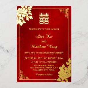 Invitation En Aluminium Pivoine rouge dorée scintillante   Mariage chinois