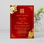 Invitation En Aluminium Pivoine rouge scintillante or | Mariage chinois (Debout devant)