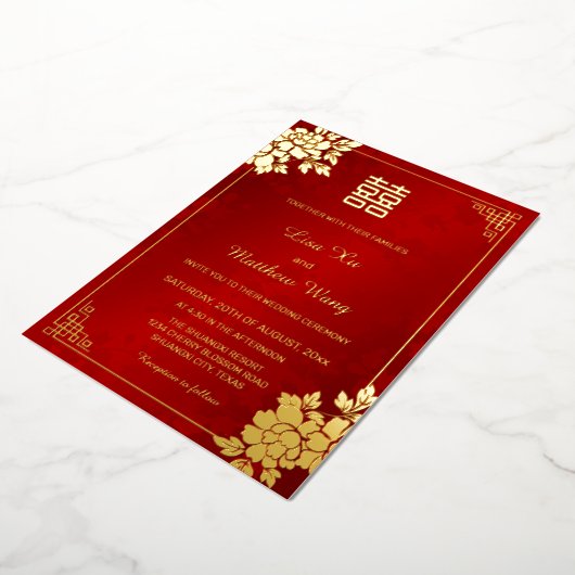 Invitation En Aluminium Pivoine rouge scintillante or | Mariage chinois (Rotation)