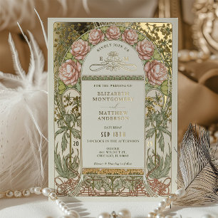 Invitation En Aluminium Pivoines dorées Art nouveau mariage vintage