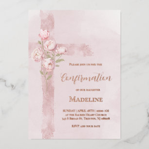 Invitation En Aluminium pivoines roses aquarelle croix Confirmation