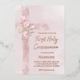 Invitation En Aluminium pivoines roses croix Première communion
