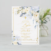 Invitation En Aluminium PixDezines H2 Blue Hydrangeas Crème Roses Baptême (Debout devant)
