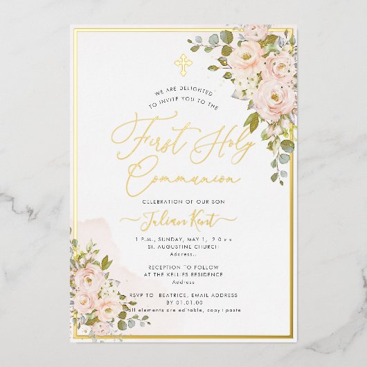 Invitation En Aluminium PixDezines H2 Blush Roses première sainte communio (Recto)