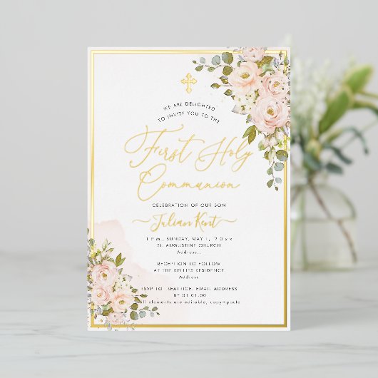 Invitation En Aluminium PixDezines H2 Blush Roses première sainte communio (Debout devant)