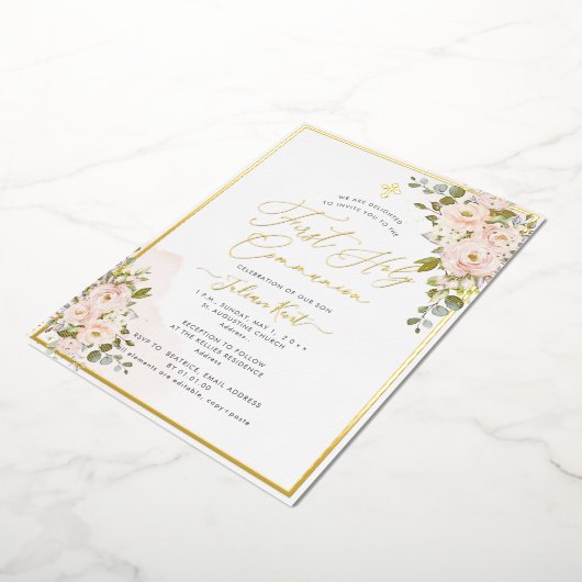 Invitation En Aluminium PixDezines H2 Blush Roses première sainte communio (Rotation)