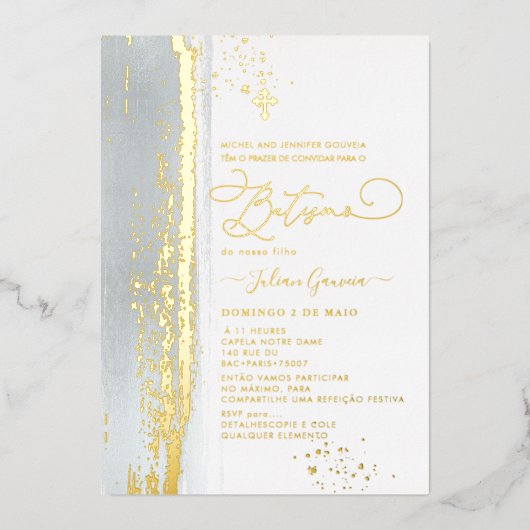 Invitation En Aluminium PixDezines H2 Dusty Blue Batismo Real Gold Foil I (Recto)