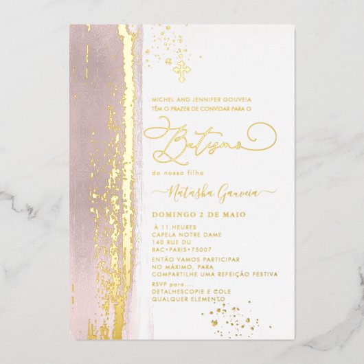 Invitation En Aluminium PixDezines H2 Dusty Rose Batismo Real Gold Foil (Recto)