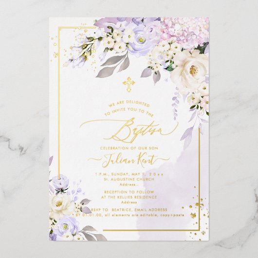 Invitation En Aluminium PixDezines H2 Hydrangeas Crème Roses Baptême Phuil (Recto)
