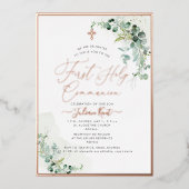 Invitation En Aluminium PixDezines H2 Première communion rustique Eucalypt (Recto)