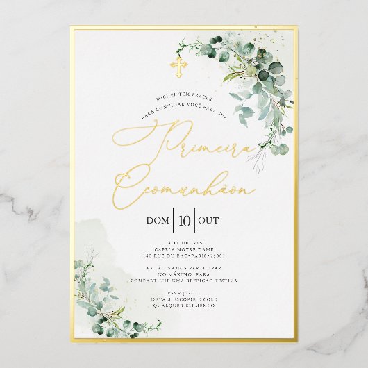 Invitation En Aluminium PixDezines H2 Rustique Eucalyptus Primeira Comunhã (Recto)