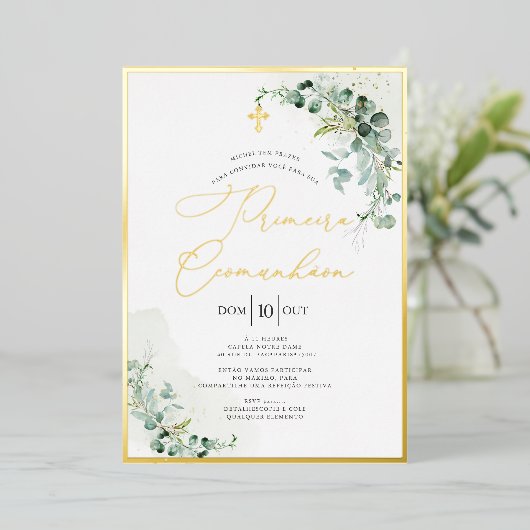 Invitation En Aluminium PixDezines H2 Rustique Eucalyptus Primeira Comunhã (Debout devant)