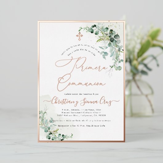 Invitation En Aluminium PixDezines H2 Rustique Eucalyptus Primera Communio (Debout devant)