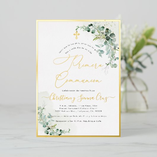 Invitation En Aluminium PixDezines H2 Rustique Eucalyptus Primera Communio (Debout devant)