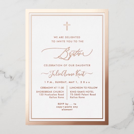 Invitation En Aluminium PixDezines Rose Gold Foil Baptême (Recto)