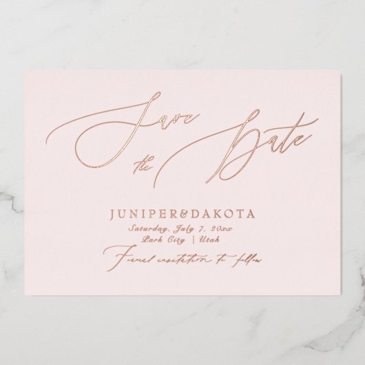 Invitation En Aluminium PixDezines Rose Gold Luxe Script Enregistrer la da (Recto)