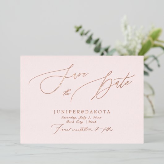 Invitation En Aluminium PixDezines Rose Gold Luxe Script Enregistrer la da (Debout devant)