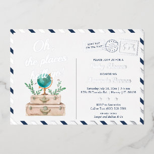 Invitation En Aluminium Places He'll Go Travel Baby Boy Navy Blue Silver