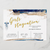 Invitation En Aluminium Plage Côtière Bleu Et Gold Mariée (Recto)