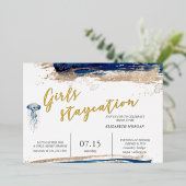 Invitation En Aluminium Plage Côtière Bleu Et Gold Mariée (Debout devant)