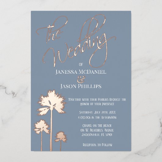 Invitation En Aluminium Plage Palm Trees Dusty Bleu Mariage tropical (Recto)