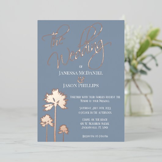 Invitation En Aluminium Plage Palm Trees Dusty Bleu Mariage tropical (Debout devant)