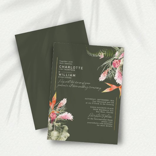 Invitation En Aluminium Plage tropicale Flore Vert foncé Mariage Or