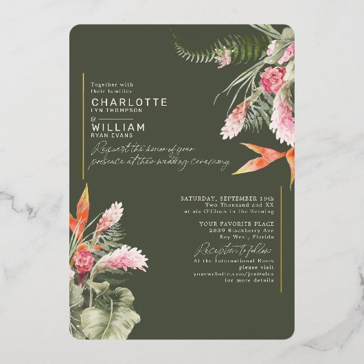 Invitation En Aluminium Plage tropicale Flore Vert foncé Mariage Or (Recto)