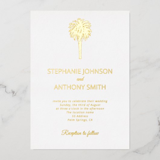 Invitation En Aluminium Plage tropicale Gold Palm Tree Destination Mariage (Recto)