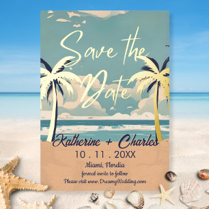 Invitation En Aluminium Plage Vintage Palmiers Tropicaux Enregistrer la Da