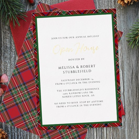 Invitation En Aluminium Plate Noël Open House Stewart Tartan Gold