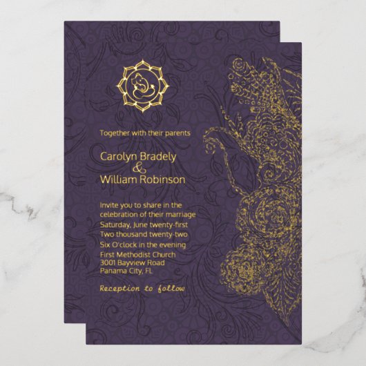 Invitation En Aluminium Plum et or Mandala et Mariage Ganesha Foil (Recto/Verso)