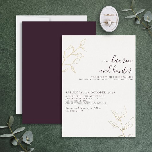 Invitation En Aluminium Plum moderne violet Script Botanique Mariage Or