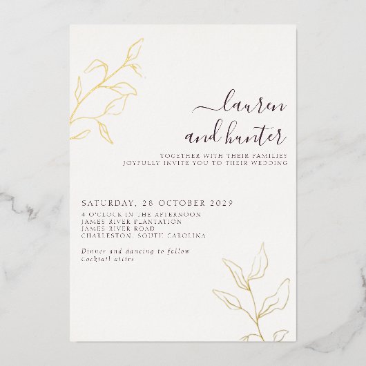 Invitation En Aluminium Plum moderne violet Script Botanique Mariage Or (Recto)