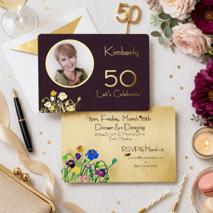 Invitation En Aluminium Plum Noir Photo Personnalisé 50e Anniversaire Feui