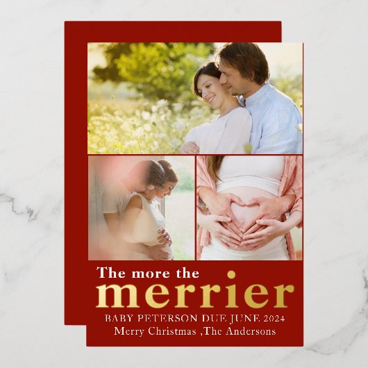 Invitation En Aluminium Plus Merrier Red Gold Noël Grossesse (Recto/Verso)