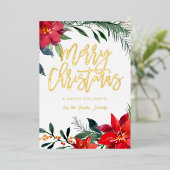 Invitation En Aluminium Poinsettia Floral Photo Parties scintillant Joyeux (Debout devant)