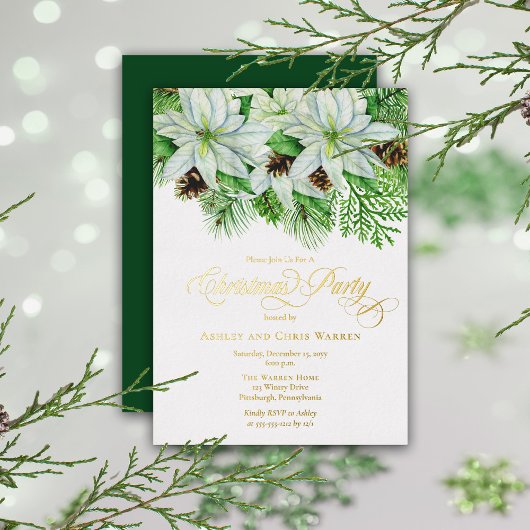Invitation En Aluminium Poinsettias blanches | Fête de Noël Pinecones Pine