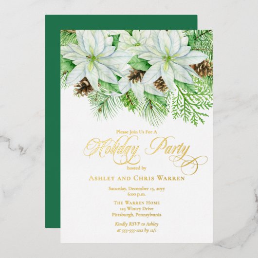 Invitation En Aluminium Poinsettias blanches | Pinecones Pine Fête (Recto/Verso)