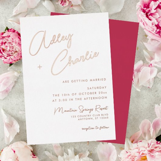 Invitation En Aluminium Police mixte moderne Magenta Rose Mariage or