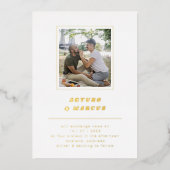 Invitation En Aluminium Police rétro minimale Mariage photo blanc et or (Recto)