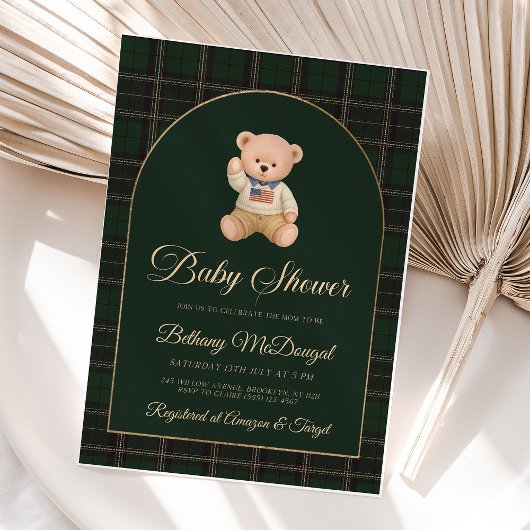 Invitation En Aluminium Polo Teddy Bear Tartan Preppy Baby Shower