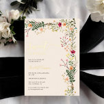 Invitation En Aluminium prairie bohème fleurs sauvages printemps doux 16<br><div class="desc">Pâte bohème pastel fleurs sauvages printemps été Doux fête de 16 ans avec jolies fleurs de campagne sauvage dans boho rétro orange, rouge, pêche, feuilles verts, foune et plus, avec une pointe de feuille d'or avec une typographie de script brossé sur un élégant éditable arrière - plan d'ivoire beige doux....</div>