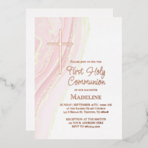 Invitation En Aluminium premier communion aquarelle rose pastel