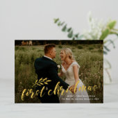 Invitation En Aluminium Premier Noël manuscrit Mariage photo Gold (Debout devant)