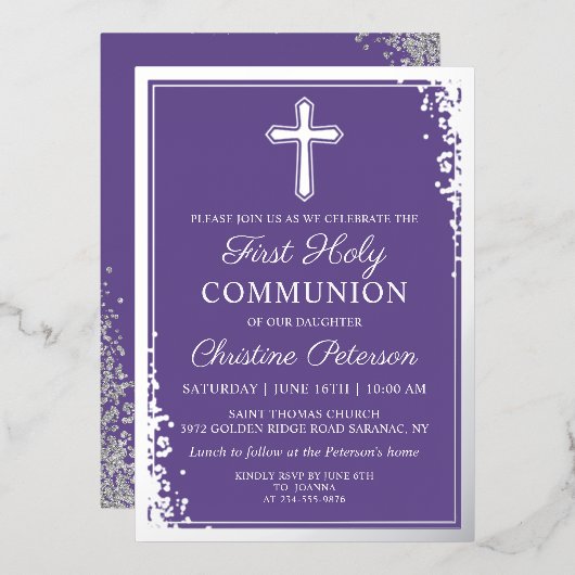 Invitation En Aluminium Première communion argent lavande violet véritable (Recto/Verso)