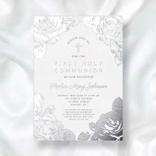 Invitation En Aluminium Première communion argentée florale élégante