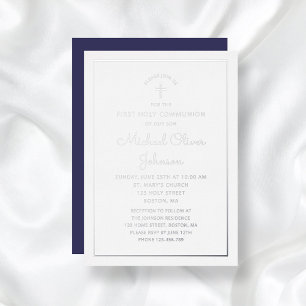 Invitation En Aluminium Première communion bleu marine écriture argent élé