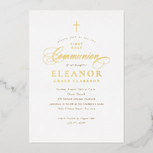 Invitation En Aluminium Première communion calligraphie croix or élégante